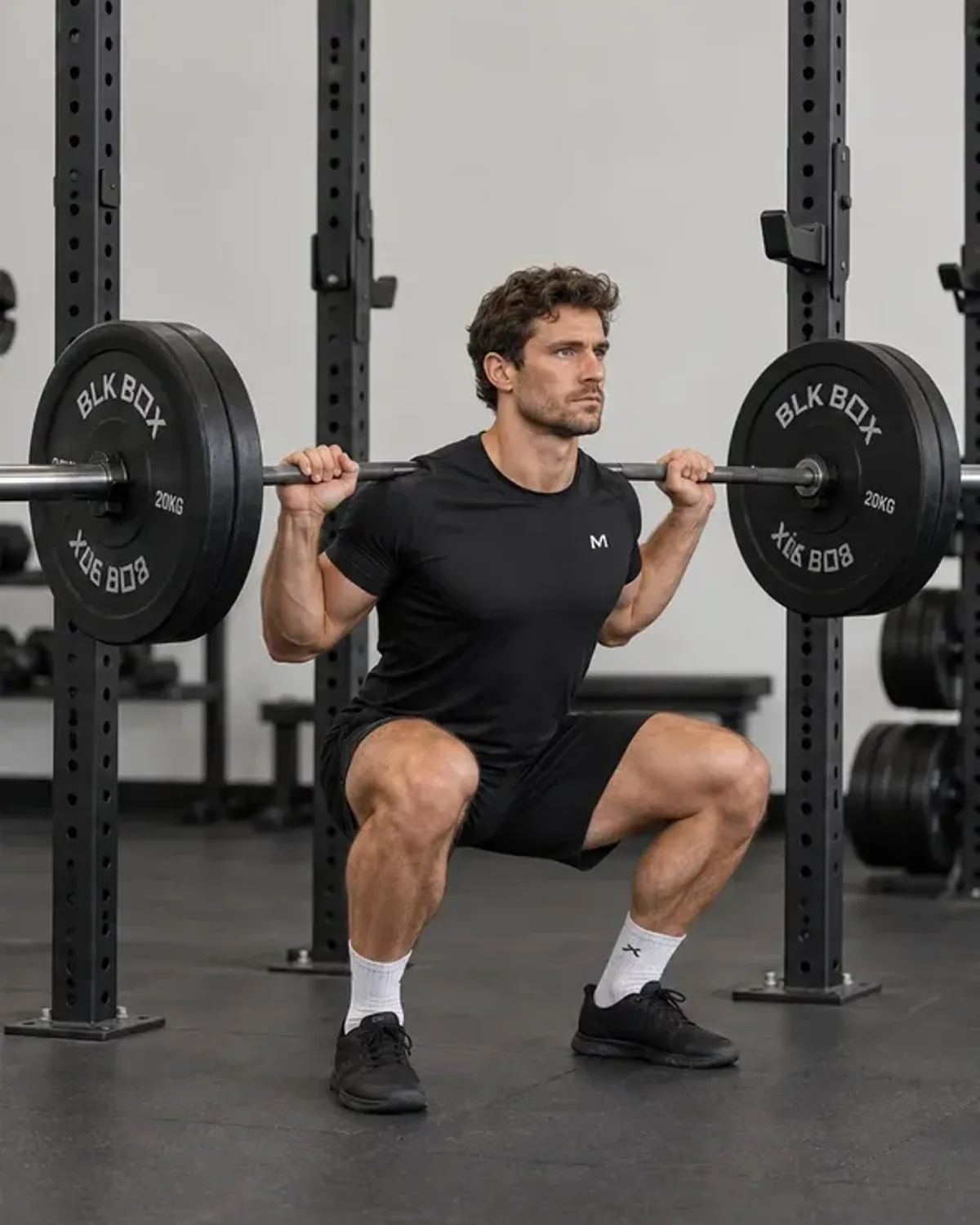 Barbell back squat at depth in a rack